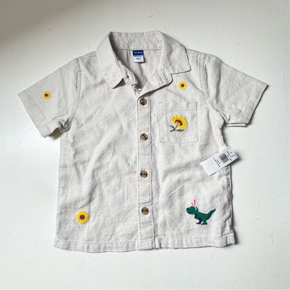 Old Navy Baby Button Front Short Sleeve  Embroidered Shirt Sz 18-24 M NWT